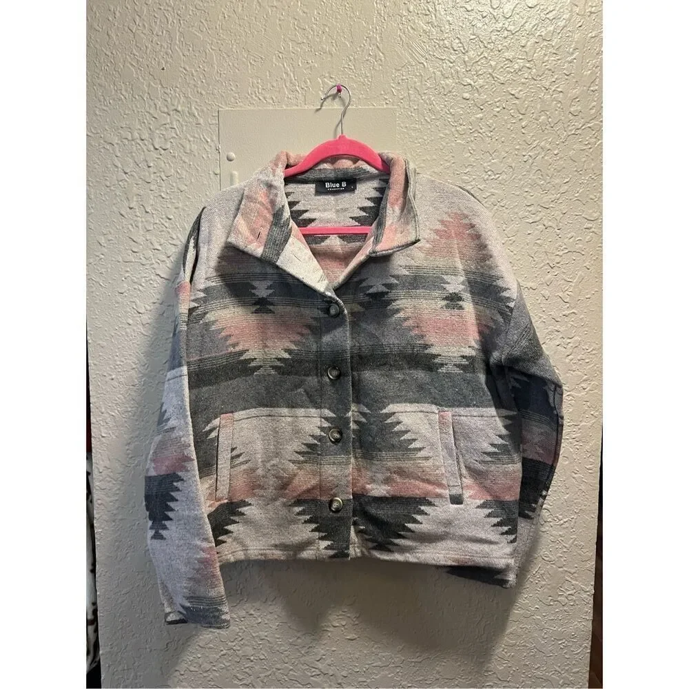 Blue B Collection Grey & Pink Aztec Button Up Shacket Woman’s Size Large - Picture 1 of 7